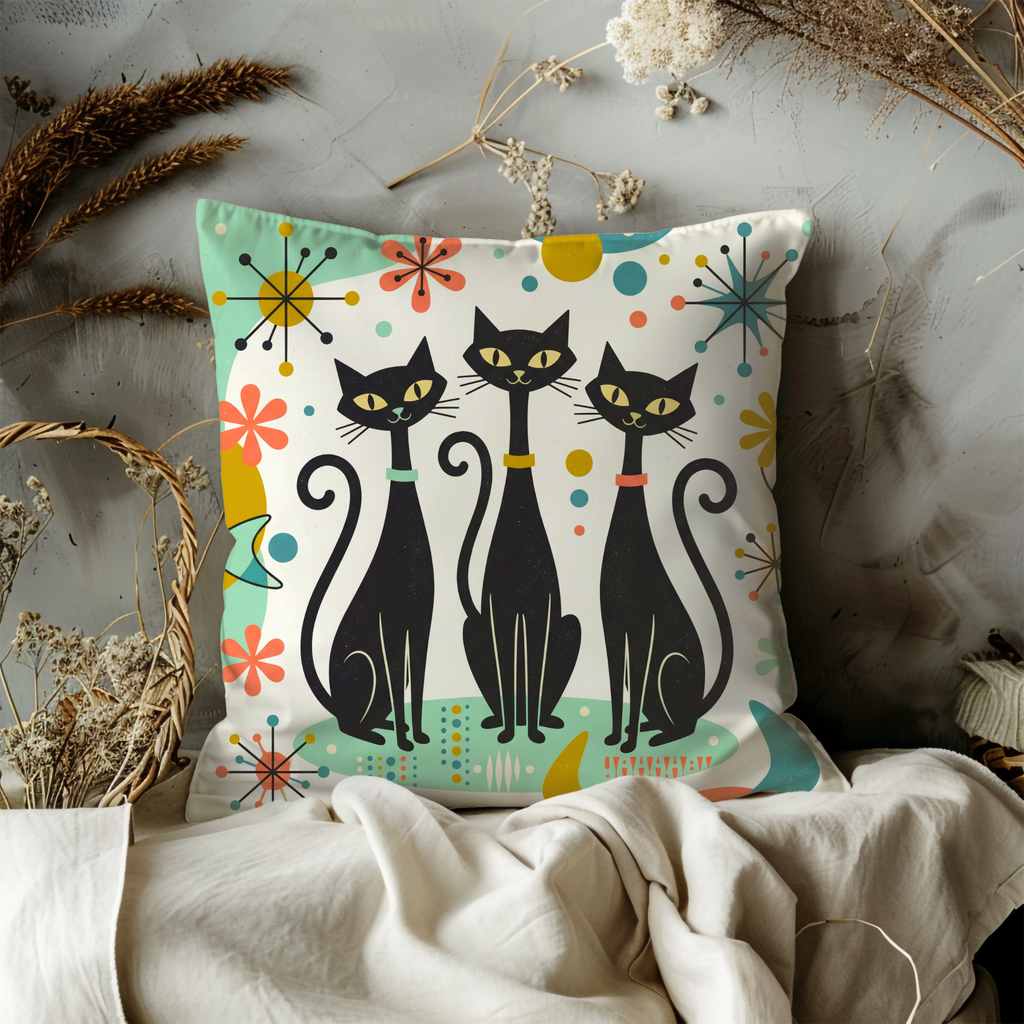 Three Black Cats Pillow Cover | Retro Mid Century Art | Whimsical Decor