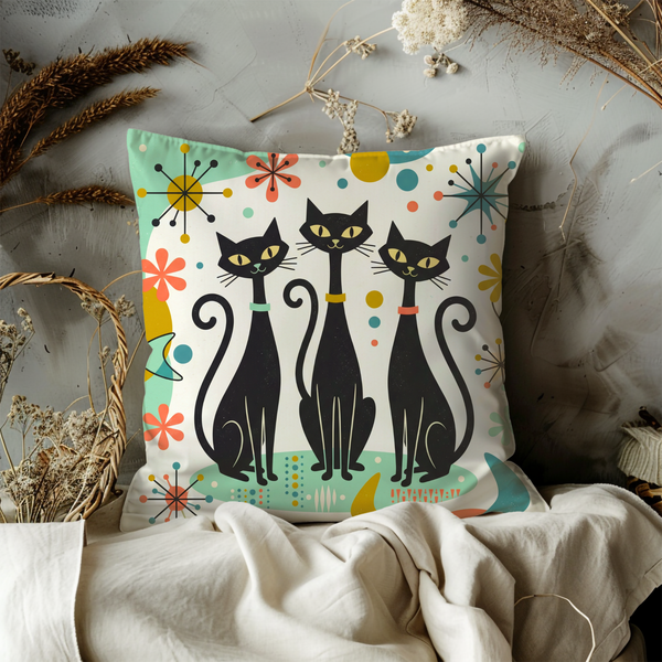 Three Black Cats Pillow Cover – Retro Mid Century Art | Whimsical Decor