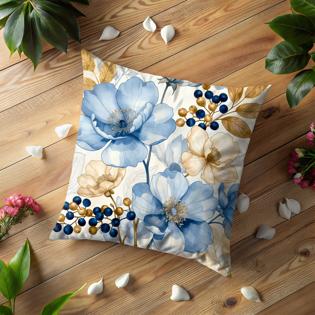 Blue Cream Flower Pillow Cover | Elegant Botanical Art | Nature Decor