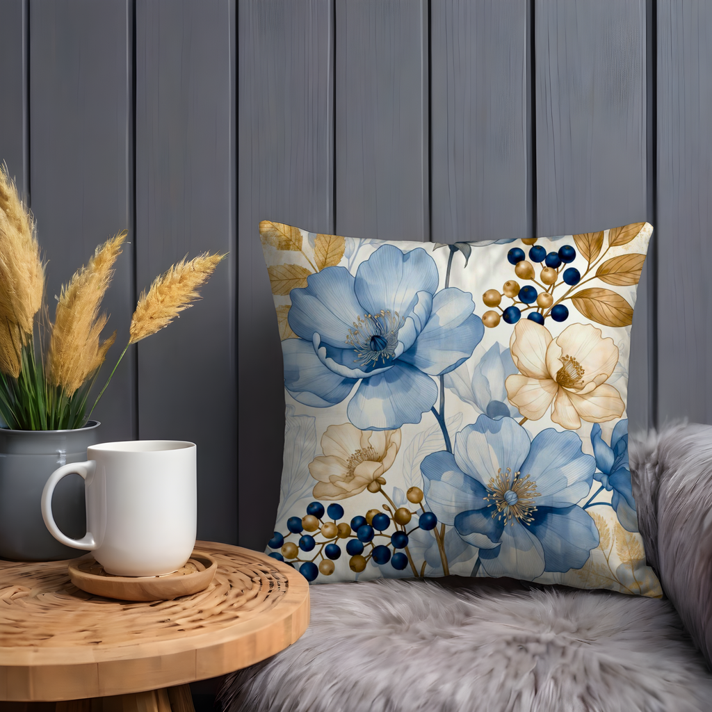 Blue Cream Flower Pillow Cover | Elegant Botanical Art | Nature Decor