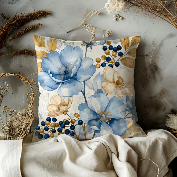 Blue Cream Flower Pillow Cover – Elegant Botanical Art | Nature Decor