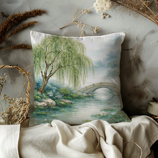 Willow Landscape Pillow Cover – Serene Nature Art | Peaceful Decor