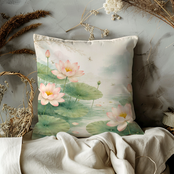 Lotus Flower Pond Pillow Cover – Serene Botanical Art | Nature Decor