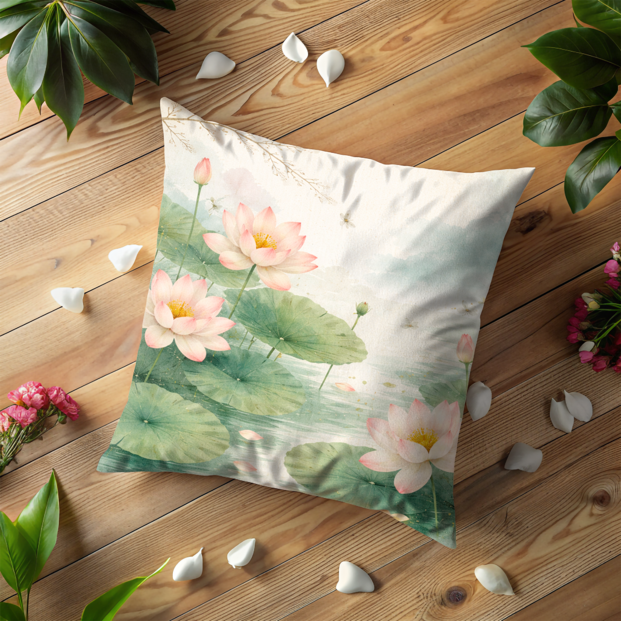 Lotus Flower Pond Pillow Cover | Serene Botanical Art | Nature Decor