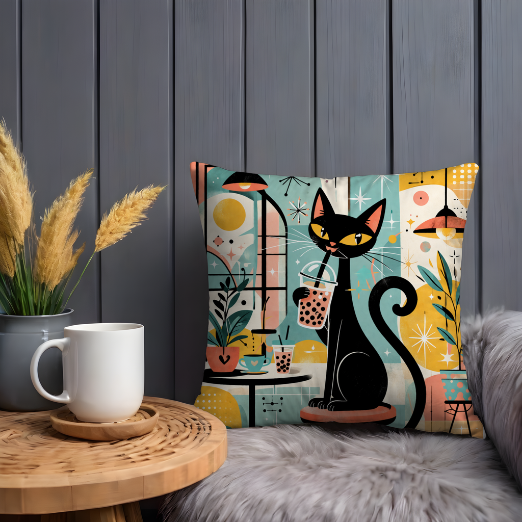 Cat Bubble Tea Pillow Cover | Cute Animal Art | Fun Decor