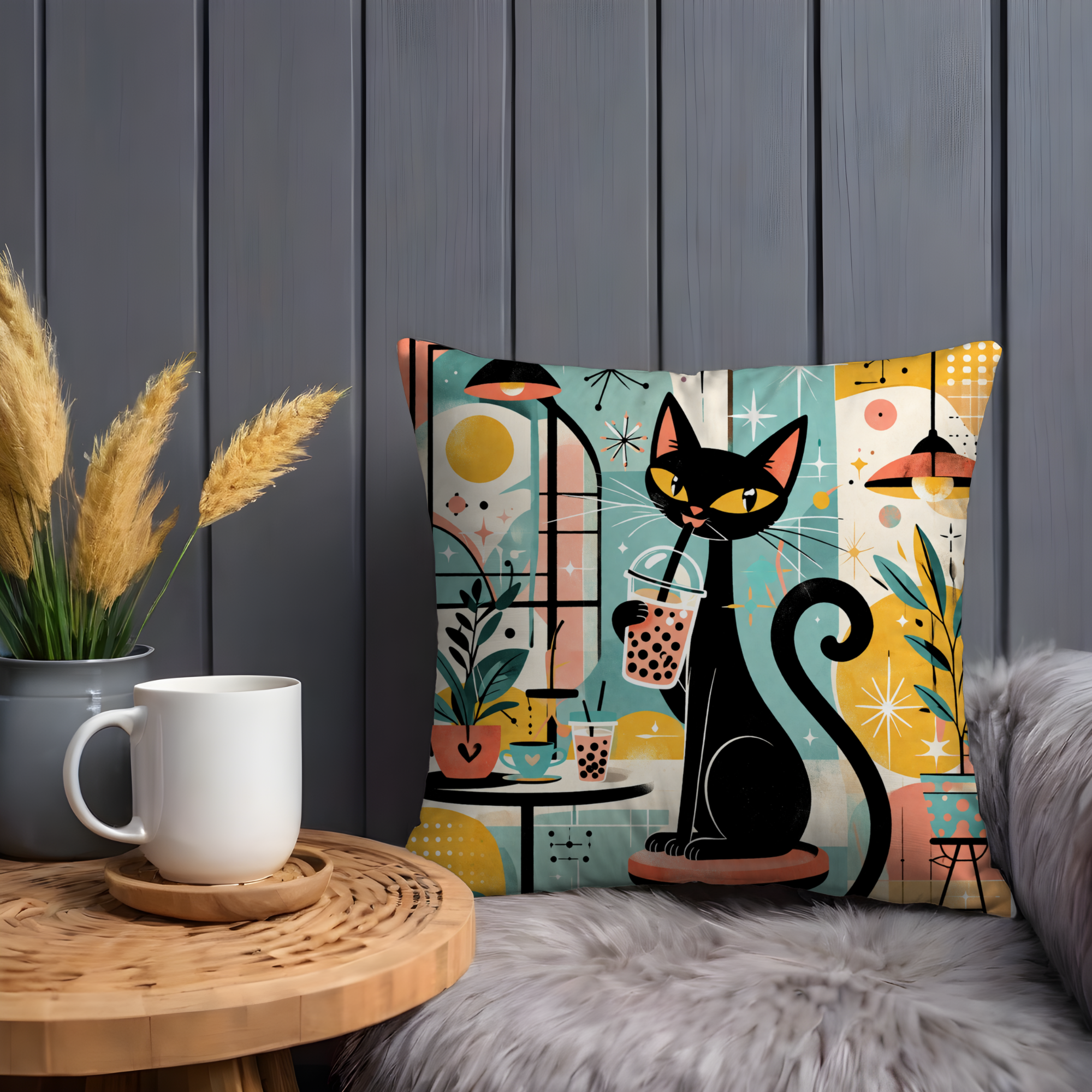 Cat Bubble Tea Pillow Cover | Cute Animal Art | Fun Decor
