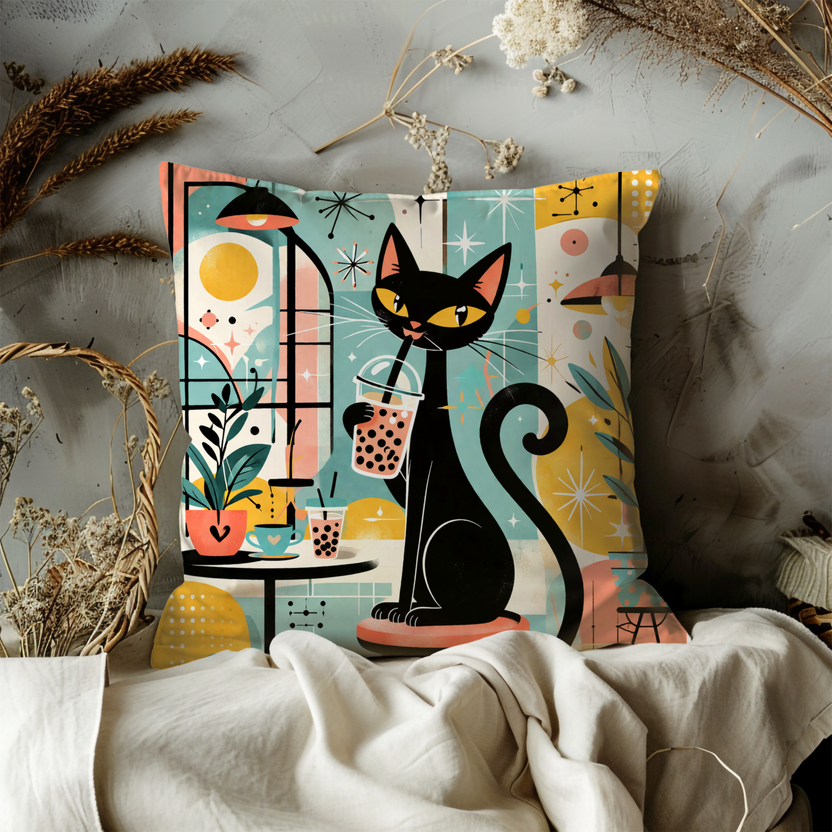 Cat Bubble Tea Pillow Cover – Cute Animal Art | Fun Decor