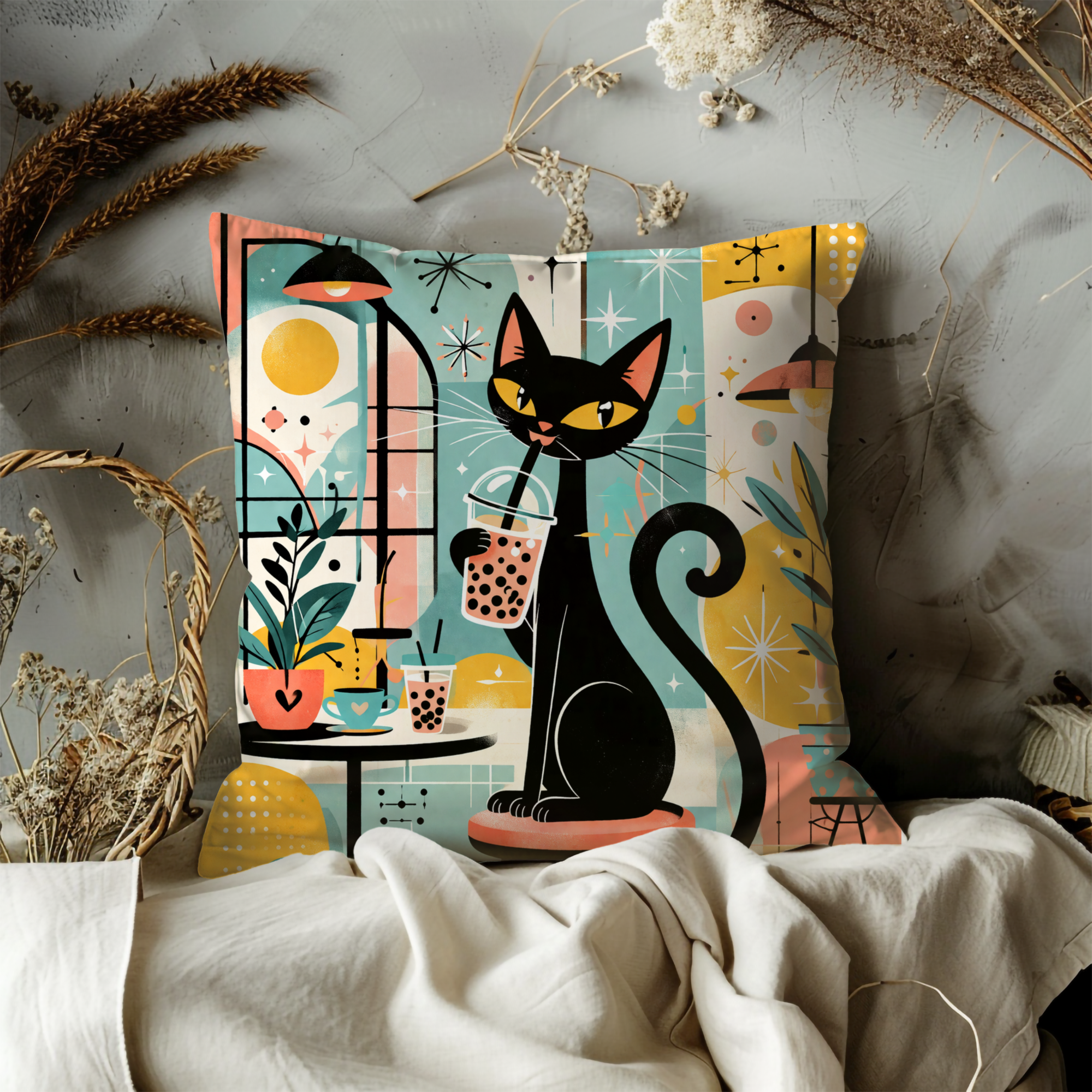 Cat Bubble Tea Pillow Cover | Cute Animal Art | Fun Decor