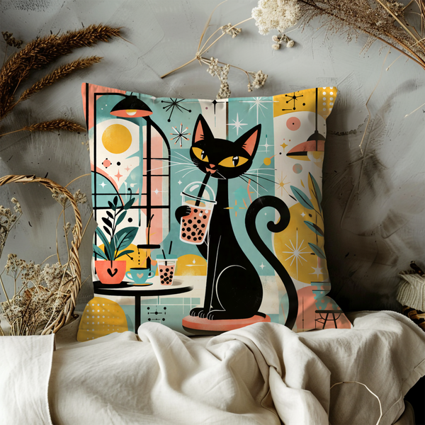 Cat Bubble Tea Pillow Cover – Cute Animal Art | Fun Decor