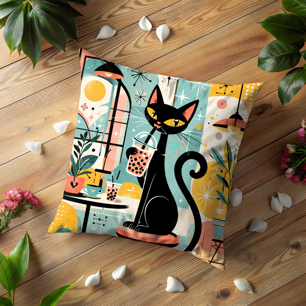 Cat Bubble Tea Pillow Cover | Cute Animal Art | Fun Decor