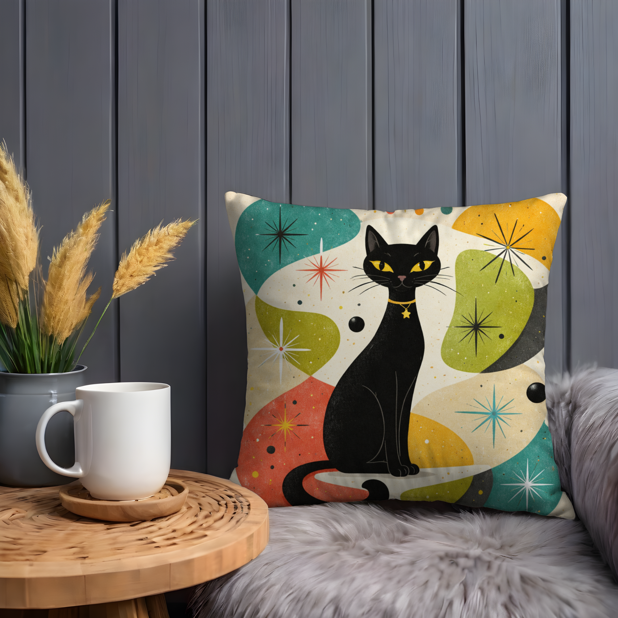Black Cat Mid Century Pillow Cover | Retro Atomic Art | Whimsical Decor