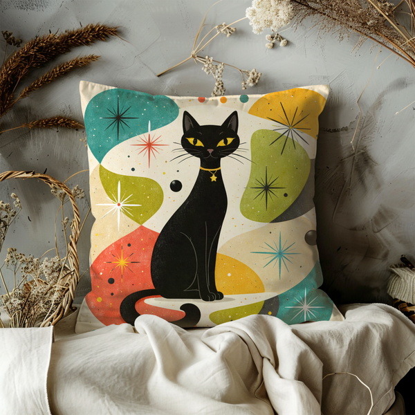 Black Cat Mid Century Pillow Cover – Retro Atomic Art | Whimsical Decor