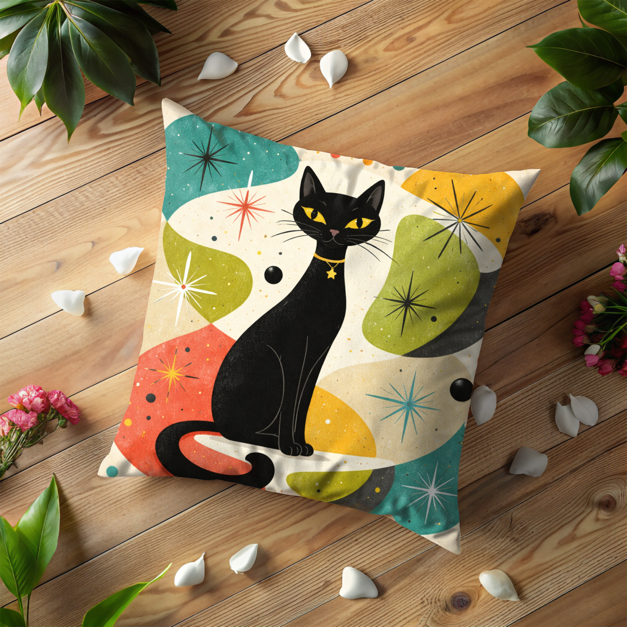 Black Cat Mid Century Pillow Cover | Retro Atomic Art | Whimsical Decor