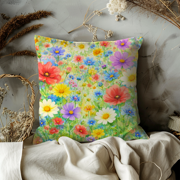 Colorful Wildflower Meadow Pillow Cover – Vibrant Floral Art | Cheerful Nature Decor