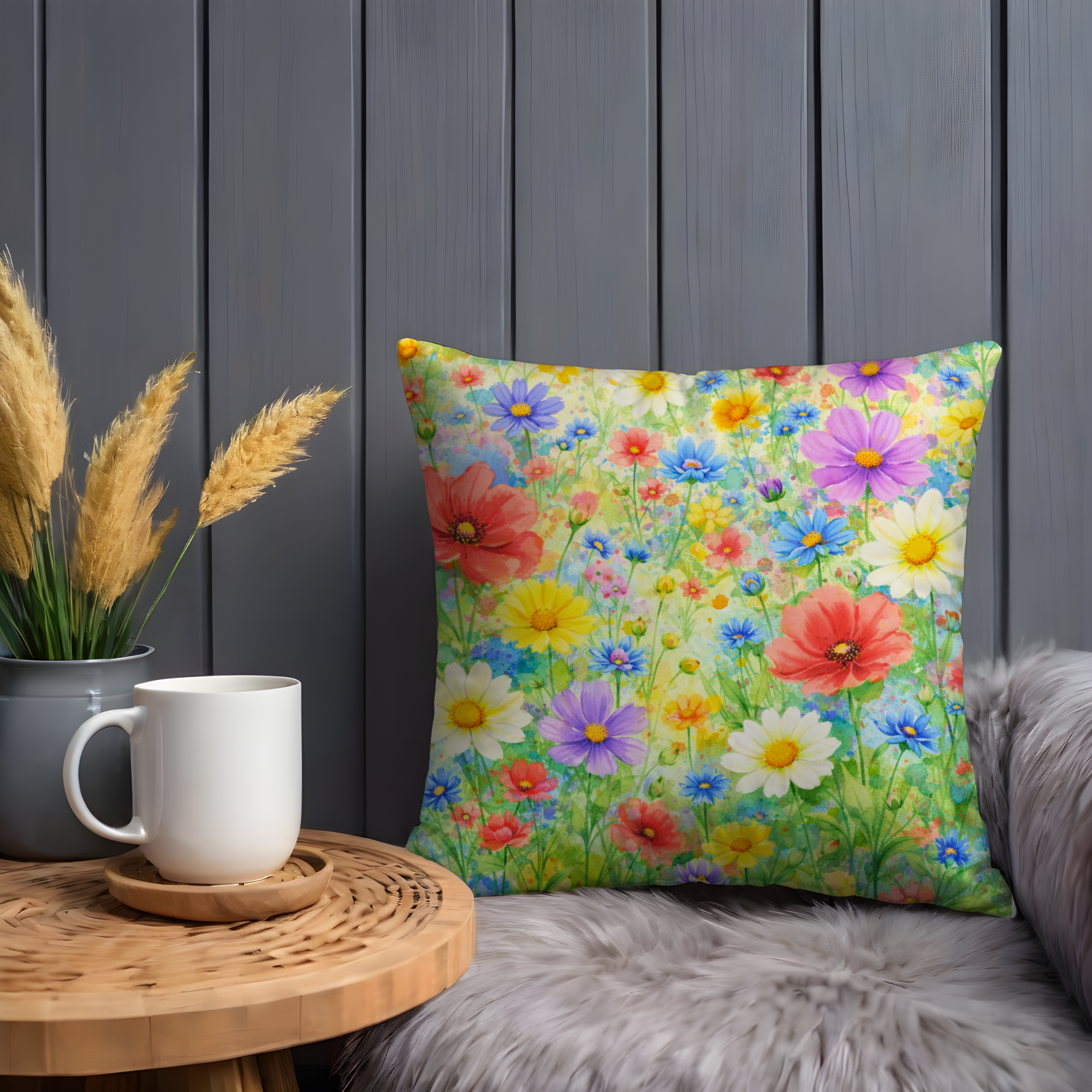 Colorful Wildflower Meadow Pillow Cover | Vibrant Floral Art | Cheerful Nature Decor