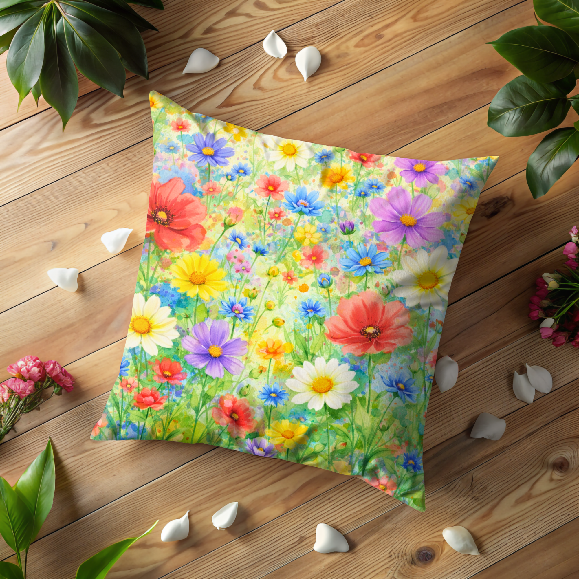 Colorful Wildflower Meadow Pillow Cover | Vibrant Floral Art | Cheerful Nature Decor