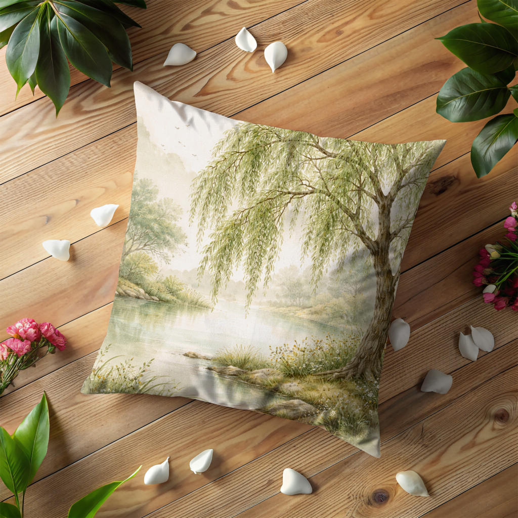 Willow Tree River Landscape Pillow Cover | Serene Nature Art | Peaceful Decor