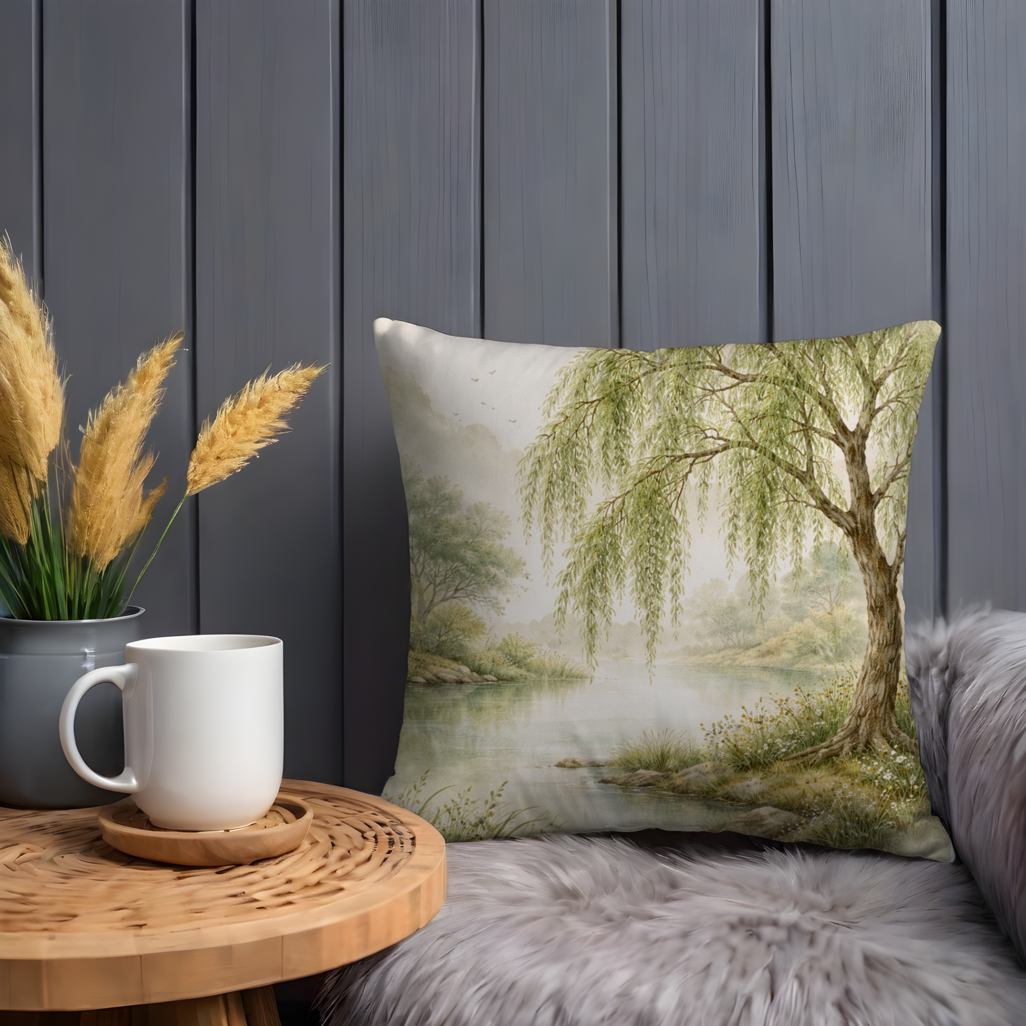 Willow Tree River Landscape Pillow Cover | Serene Nature Art | Peaceful Decor