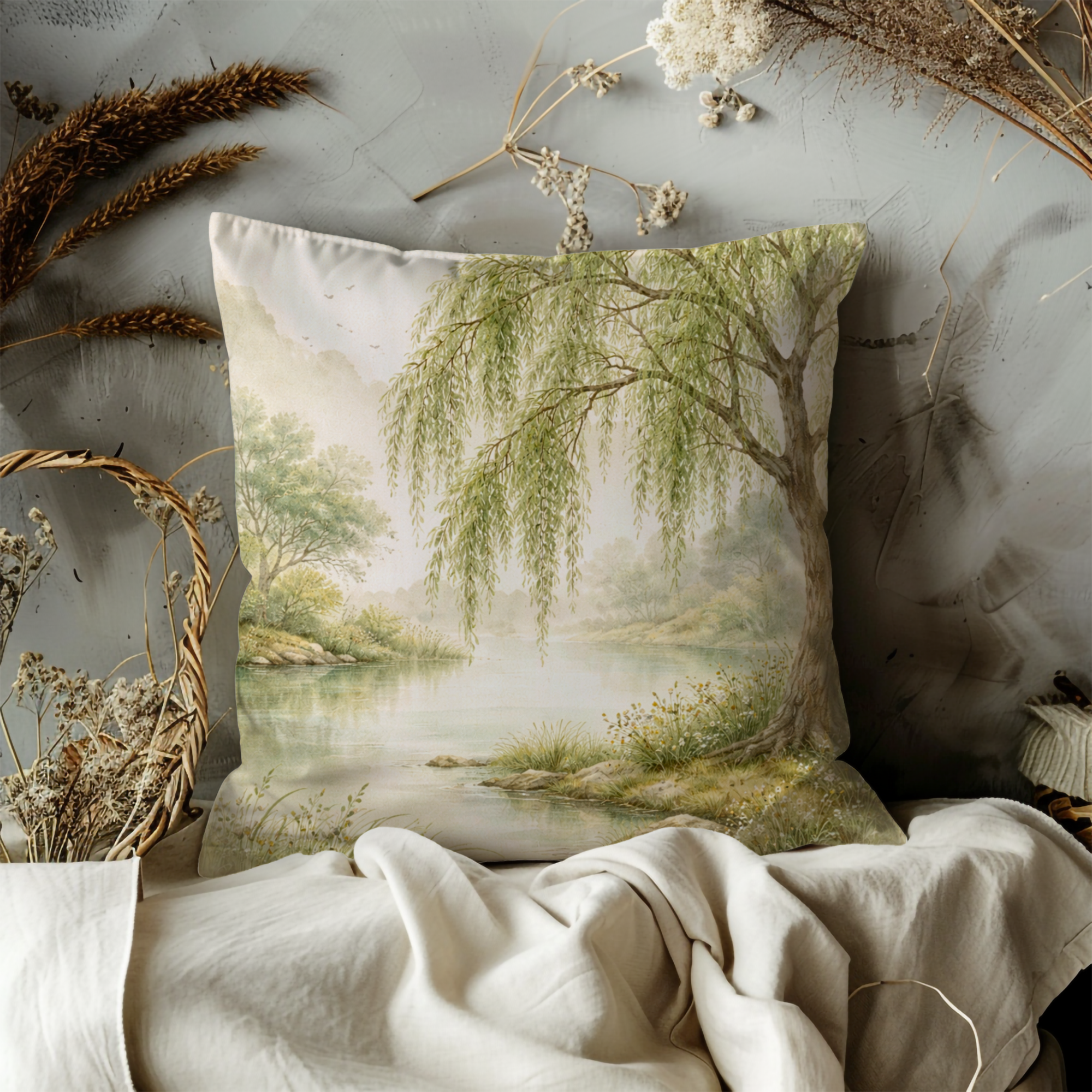 Willow Tree River Landscape Pillow Cover | Serene Nature Art | Peaceful Decor