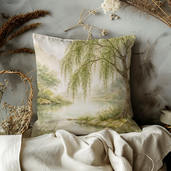 Willow Tree River Landscape Pillow Cover – Serene Nature Art | Peaceful Decor