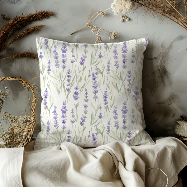 Lavender Flower Field Pillow Cover – Purple Botanical Art | Cottagecore Decor