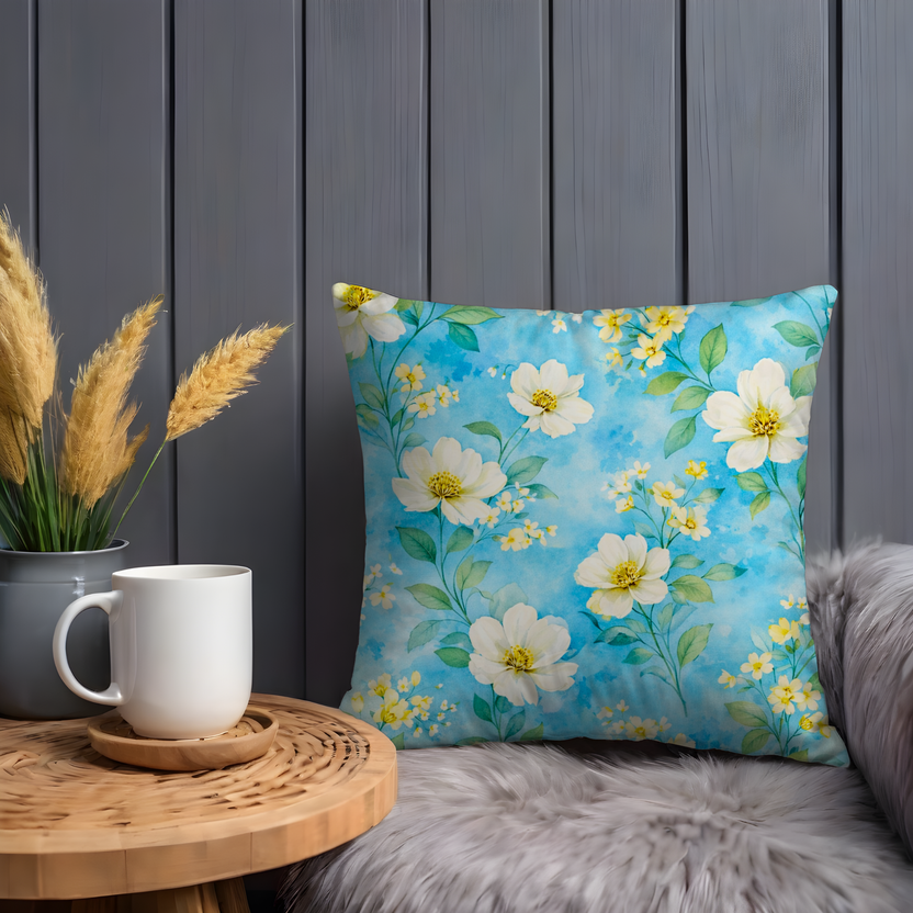 Blue Flower Meadow Pillow Cover – Fresh Floral Art | Cottagecore Decor