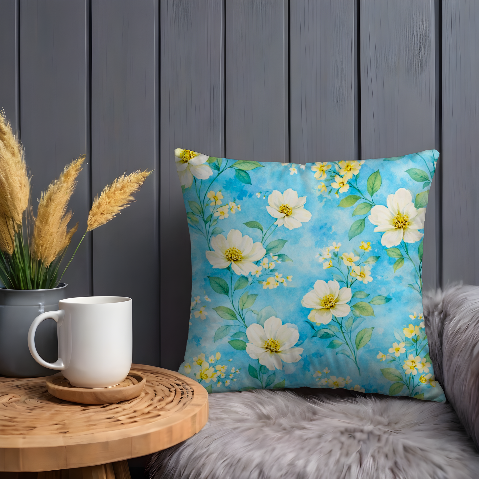 Blue Flower Meadow Pillow Cover | Fresh Floral Art | Cottagecore Decor