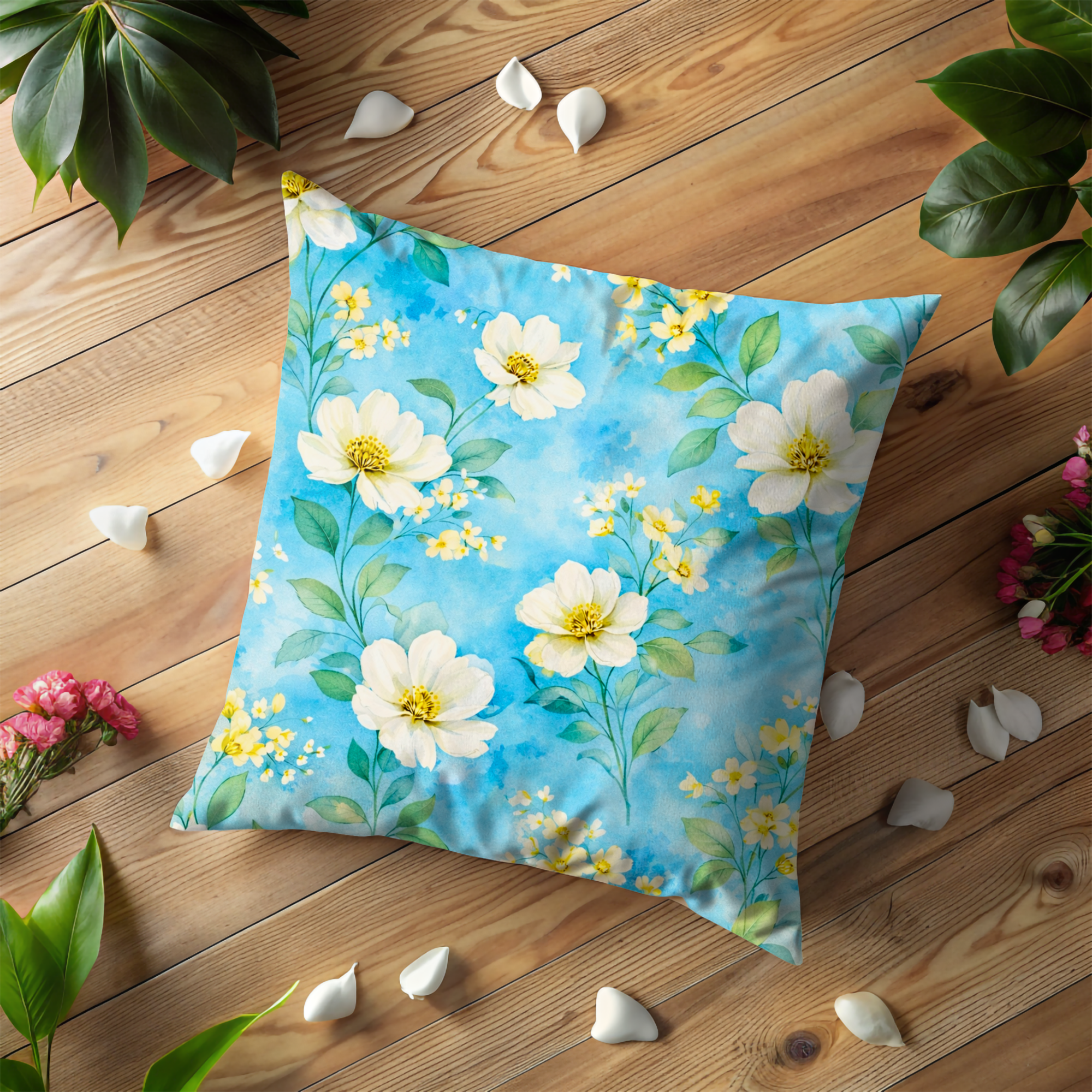 Blue Flower Meadow Pillow Cover | Fresh Floral Art | Cottagecore Decor