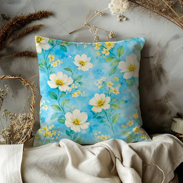 Blue Flower Meadow Pillow Cover – Fresh Floral Art | Cottagecore Decor