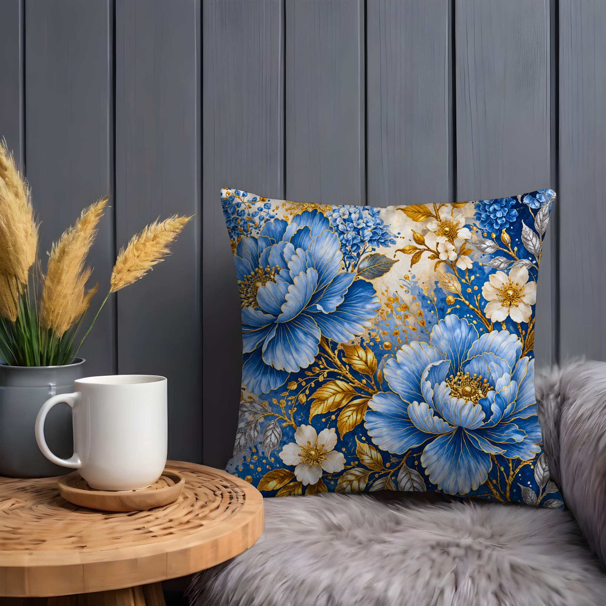 Blue Gold Floral Pillow Cover | Elegant Botanical Art | Luxe Nature Decor
