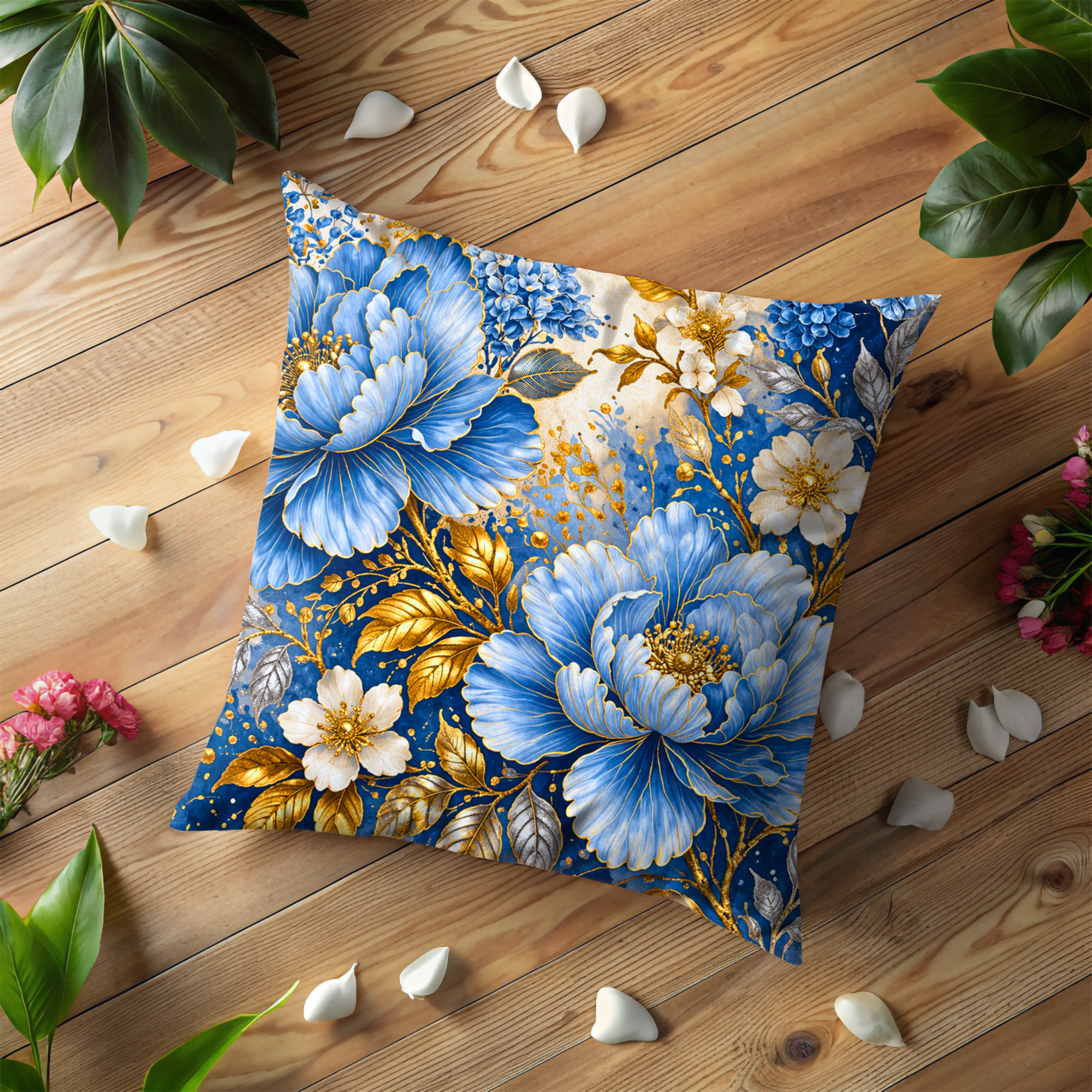 Blue Gold Floral Pillow Cover | Elegant Botanical Art | Luxe Nature Decor