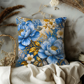 Blue Gold Floral Pillow Cover | Elegant Botanical Art | Luxe Nature Decor