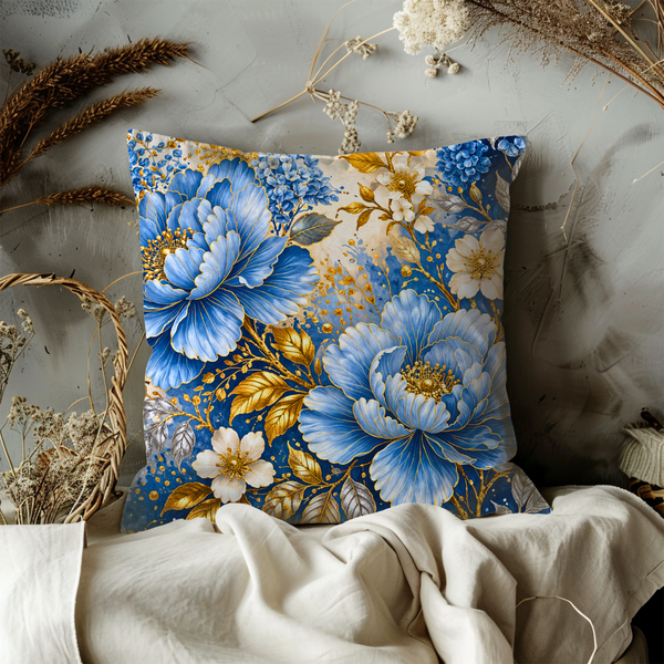 Blue Gold Floral Pillow Cover – Elegant Botanical Art | Luxe Nature Decor