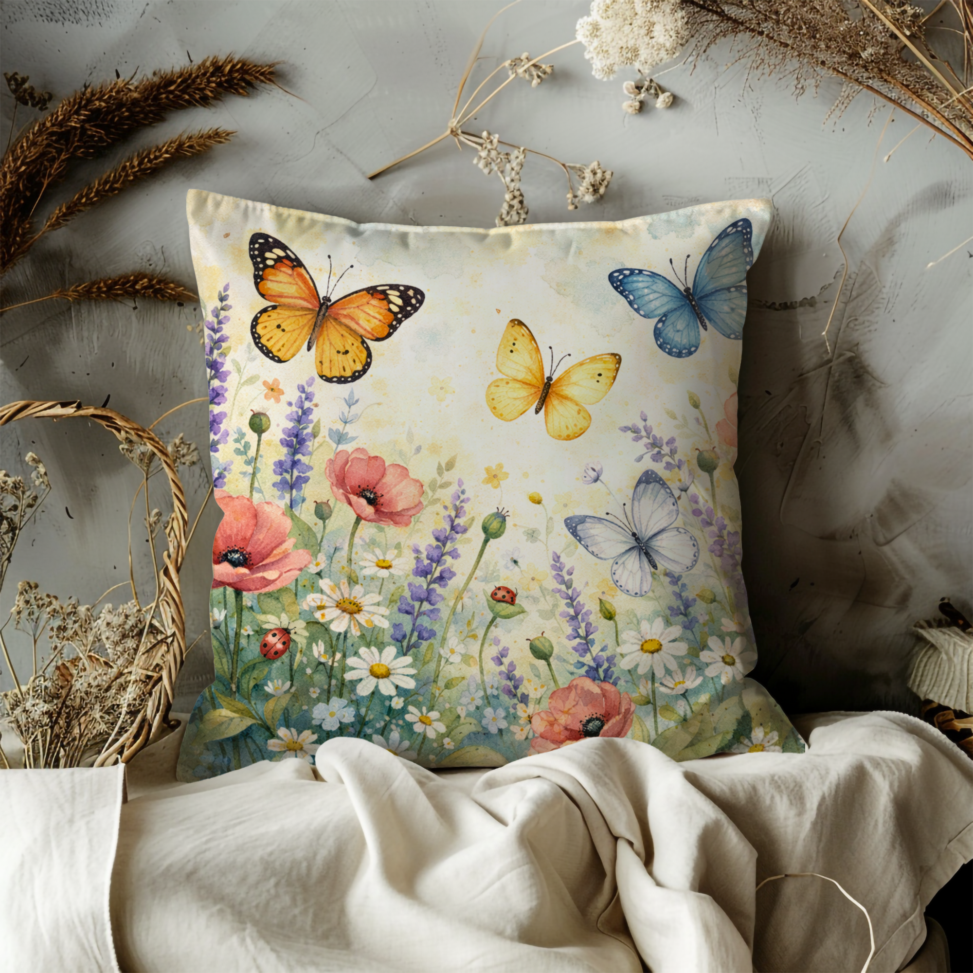 Butterflies Meadow Pillow Cover | Vibrant Floral Art | Cottagecore Decor