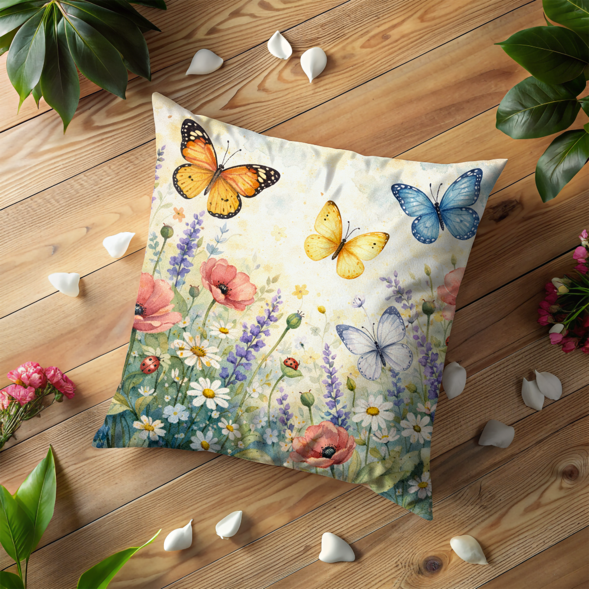 Butterflies Meadow Pillow Cover | Vibrant Floral Art | Cottagecore Decor