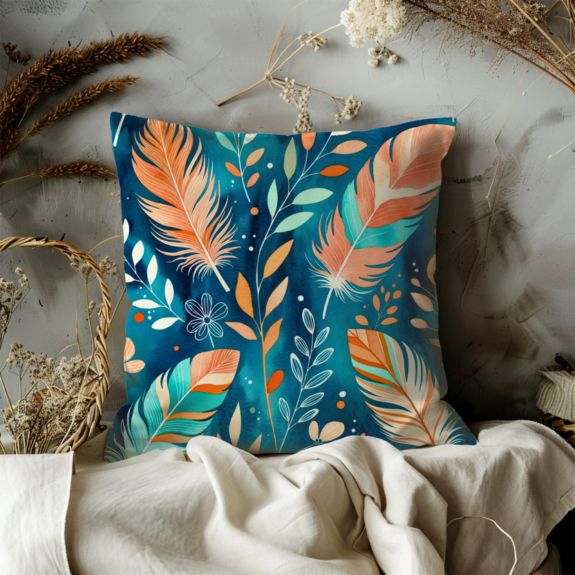 Feather Pattern Pillow Cover – Elegant Boho Art | Soft Nature Decor