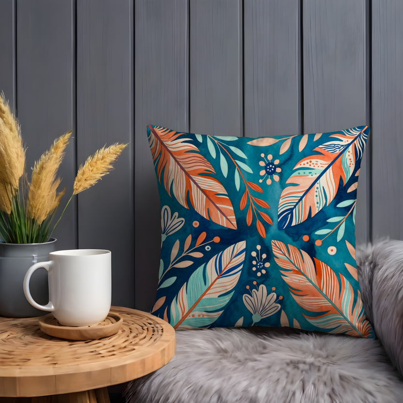 Teal Feather Pattern Pillow Cover – Bold Tropical Art | Modern Decor