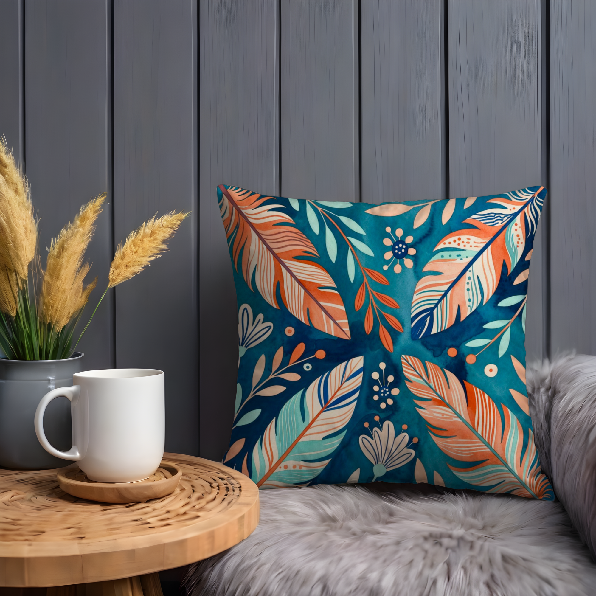 Teal Feather Pattern Pillow Cover | Bold Tropical Art | Modern Decor