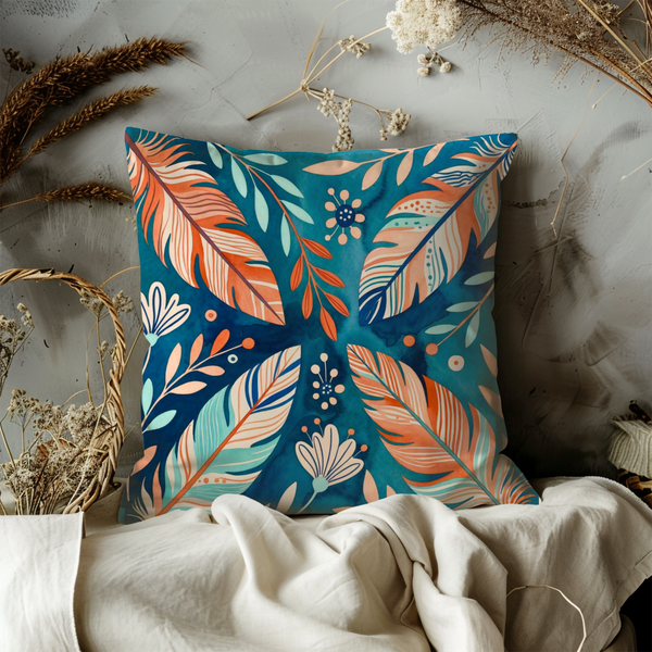 Teal Feather Pattern Pillow Cover – Bold Tropical Art | Modern Decor