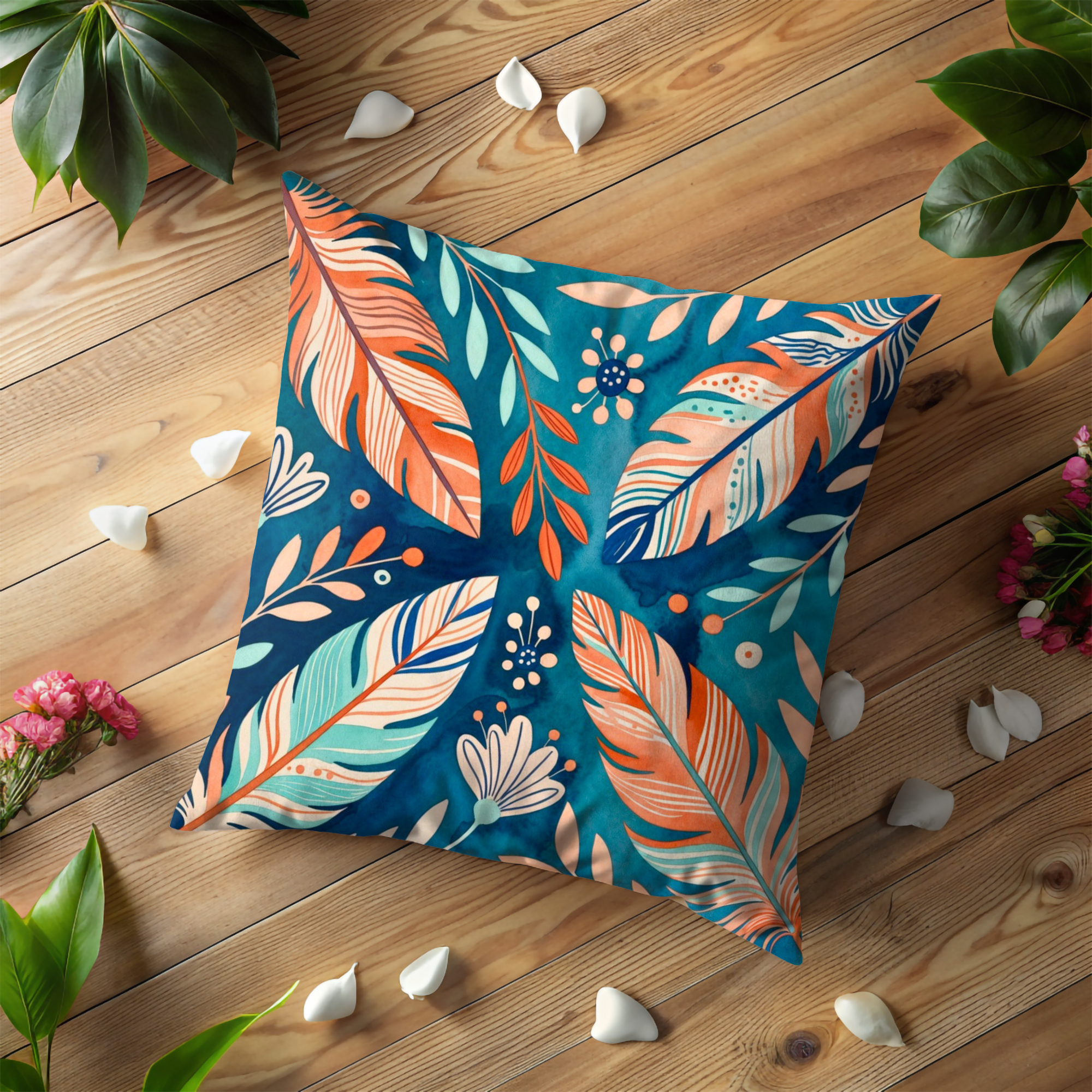 Teal Feather Pattern Pillow Cover | Bold Tropical Art | Modern Decor