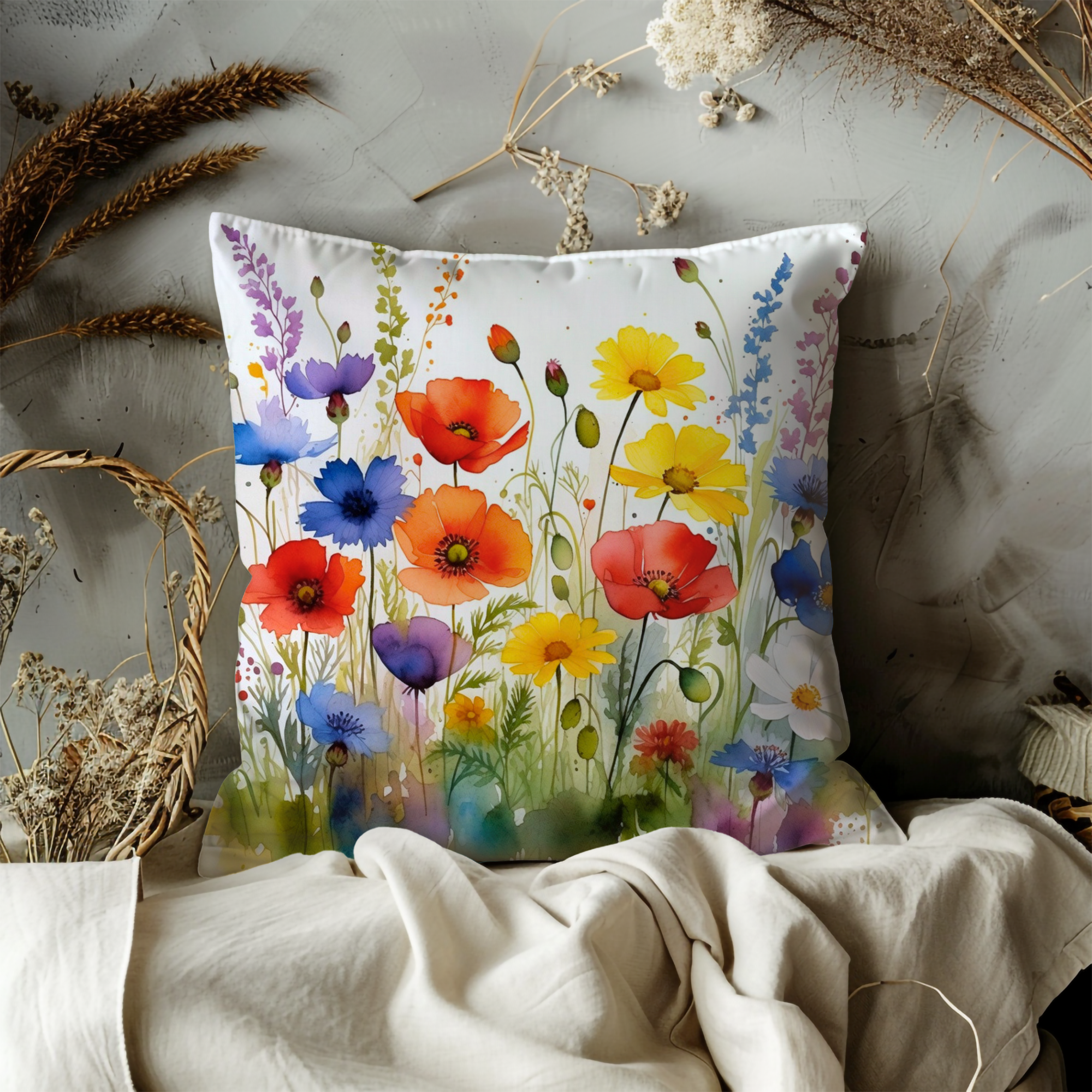 Colorful Poppy Meadow Pillow Cover – Vibrant Floral Art | Cottagecore Decor