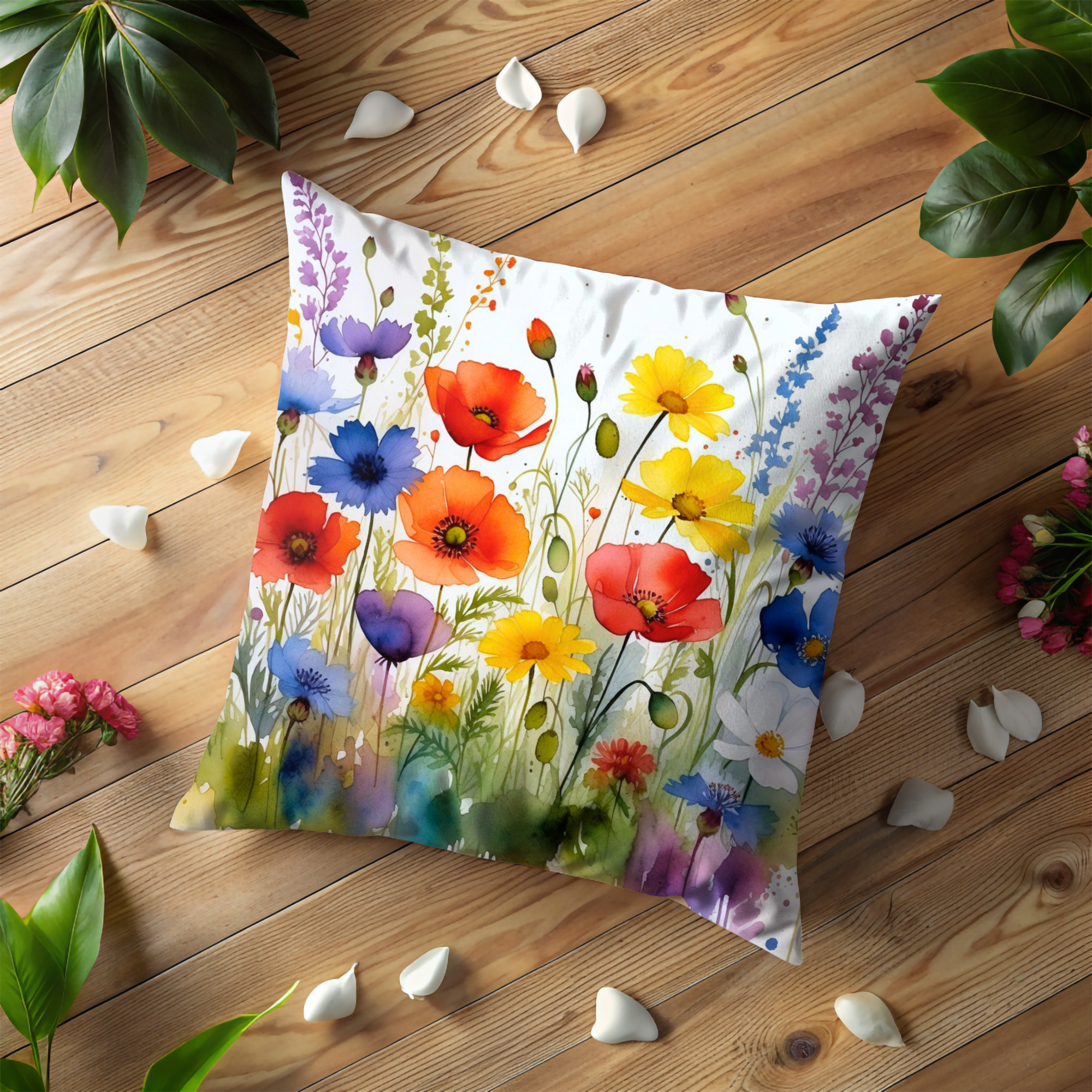 Colorful Poppy Meadow Pillow Cover – Vibrant Floral Art | Cottagecore Decor