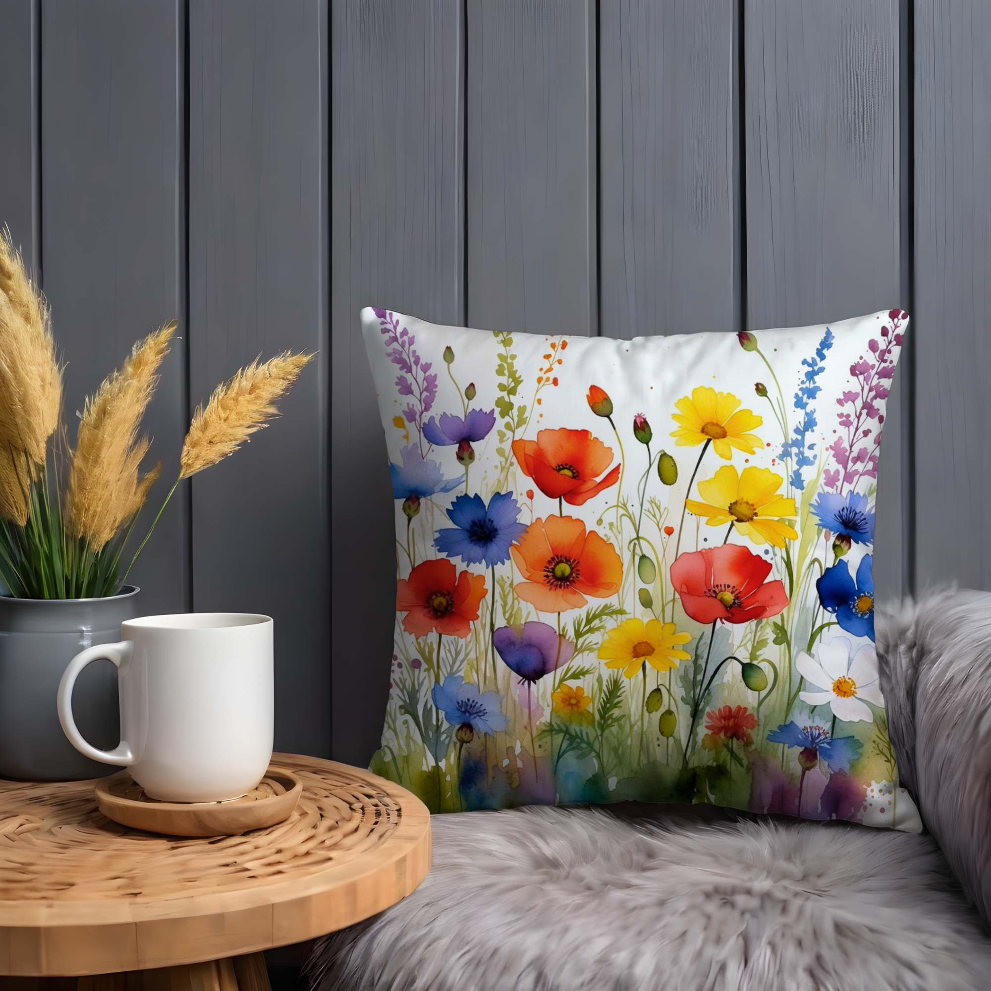 Colorful Poppy Meadow Pillow Cover – Vibrant Floral Art | Cottagecore Decor
