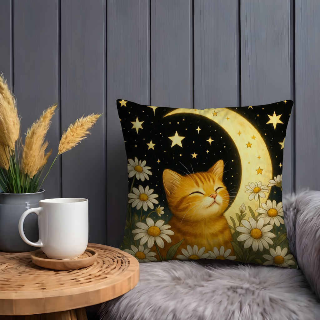 Ginger Cat Moon Pillow Cover | Cute Animal Art | Whimsical Decor