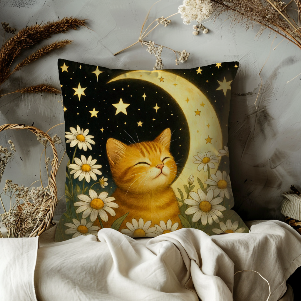 Ginger Cat Moon Pillow Cover | Cute Animal Art | Whimsical Decor
