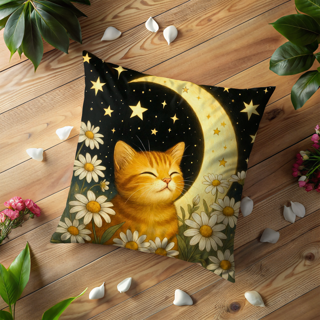 Ginger Cat Moon Pillow Cover | Cute Animal Art | Whimsical Decor