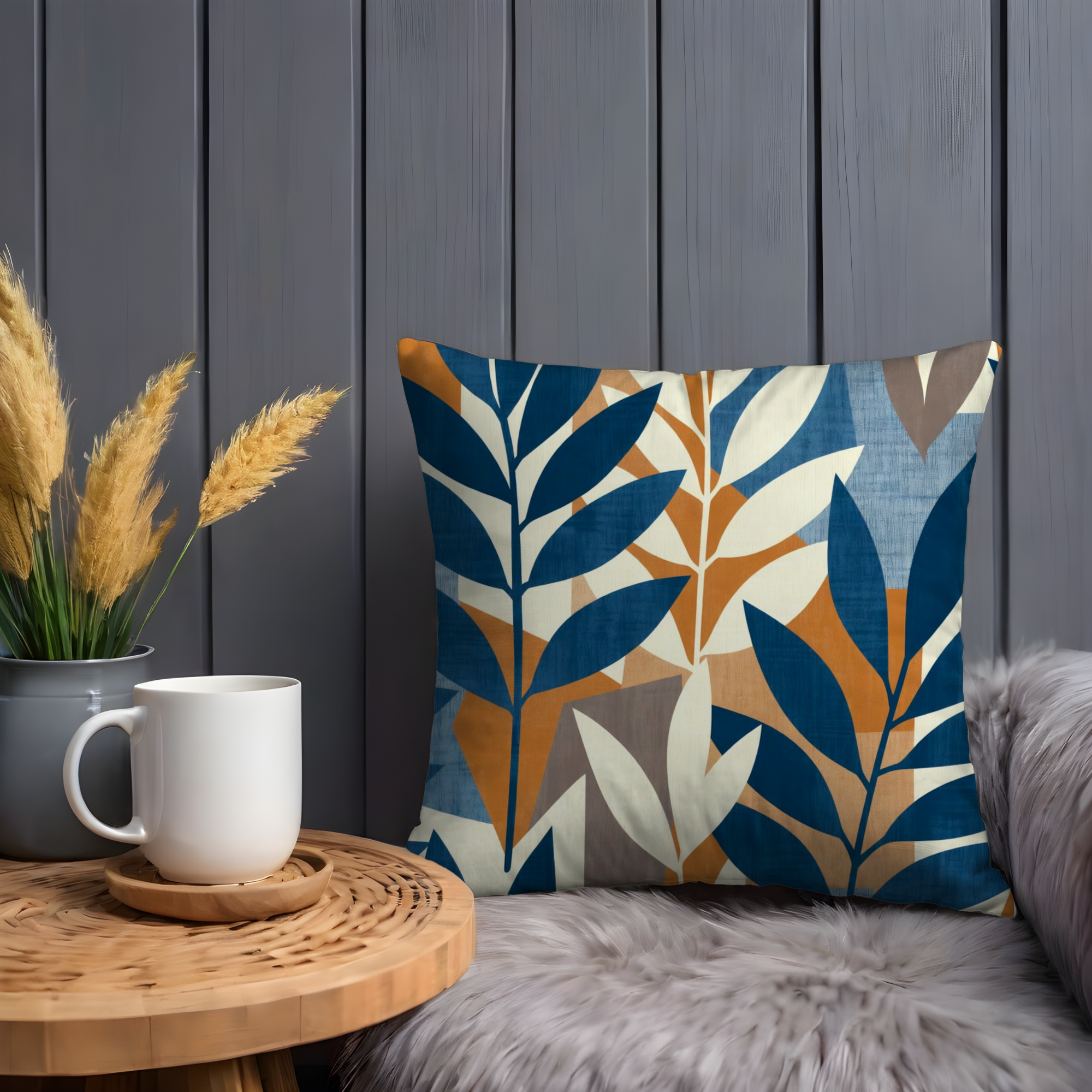 Blue Orange Leaf Pattern Pillow Cover | Modern Geometric Art | Nature Decor