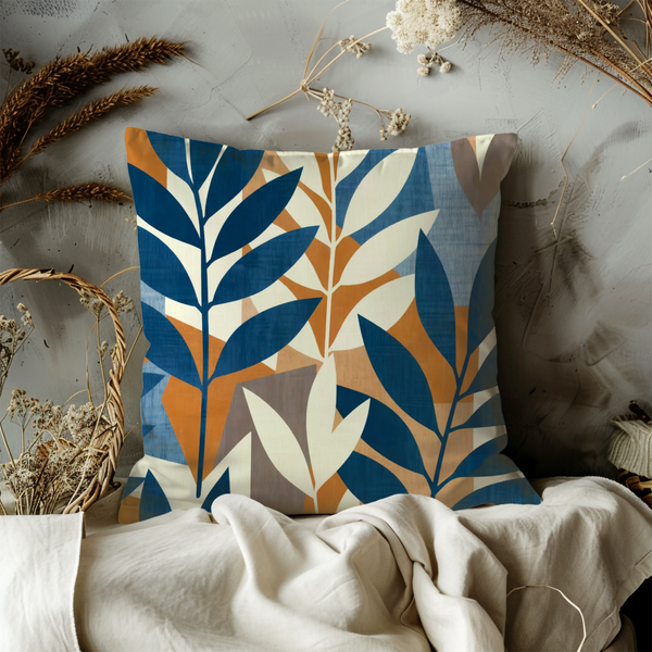 Blue Orange Leaf Pattern Pillow Cover – Modern Geometric Art | Nature Decor