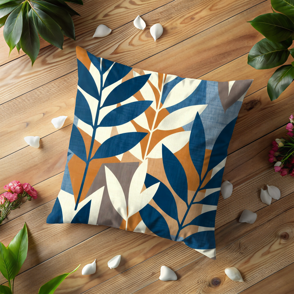 Blue Orange Leaf Pattern Pillow Cover | Modern Geometric Art | Nature Decor