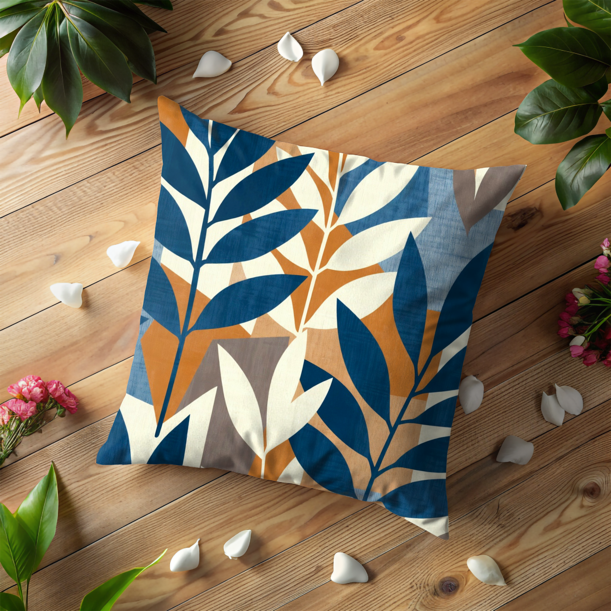Blue Orange Leaf Pattern Pillow Cover | Modern Geometric Art | Nature Decor